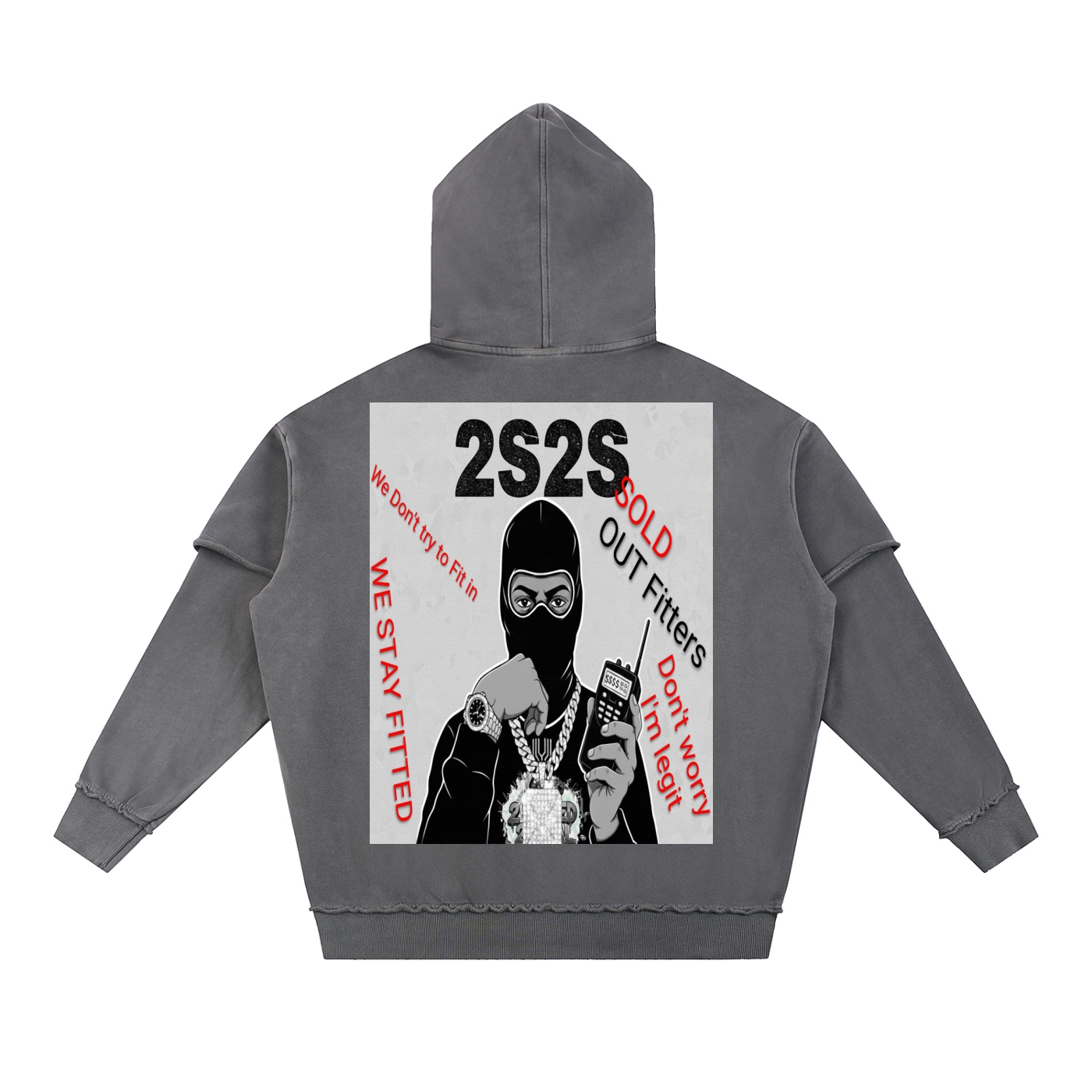 2S2S Sold Out 1/2 Jumpsuit Snow Washed Raw Edge Double Layered Hoodie